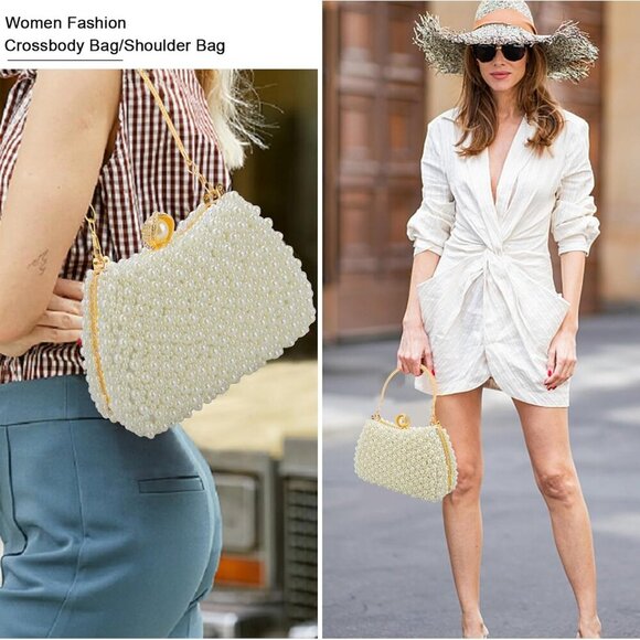 Beaded Evening Clutch Bag Women's Pearl Dressy Shoulder Crossbody Gift - Picture 3 of 7
